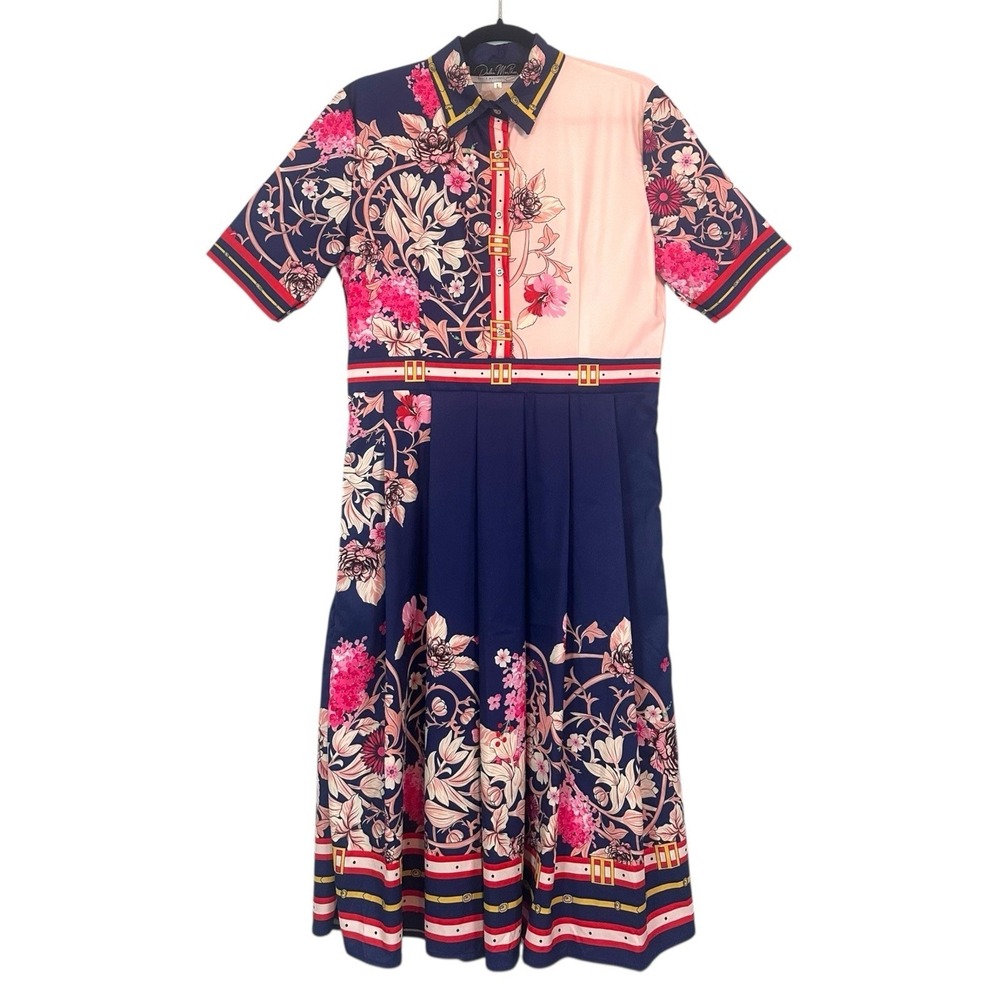 Dalia MacPhee Belt‎ Print Pleated Midi Dress Womens Size L Large Retro Scarfcore